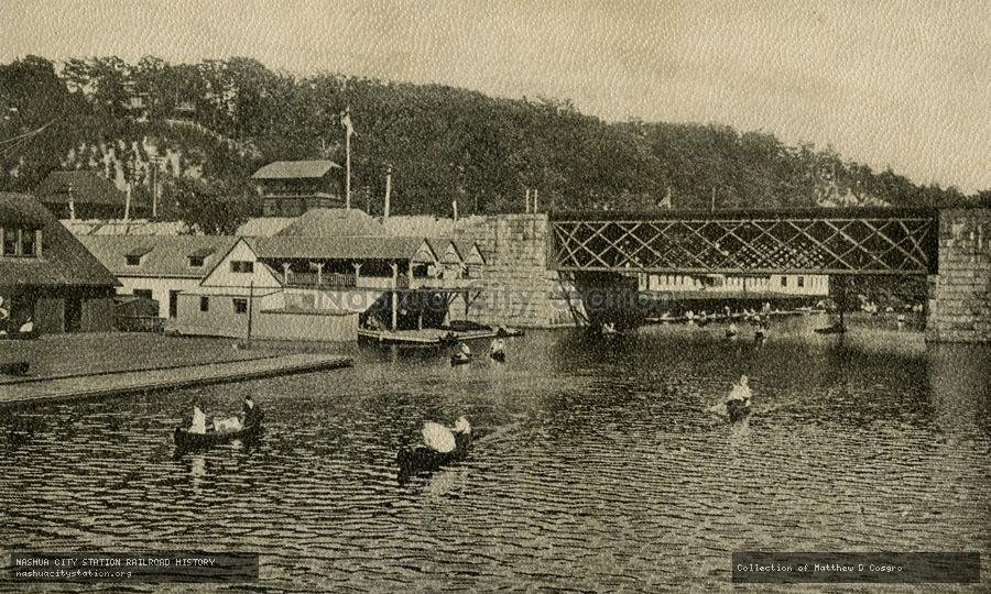 Postcard: Public Boat Houses at Riverside, showing Riverside Station and Railroad Bridge